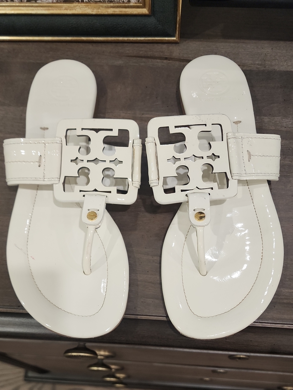 Tory Burch White Patent Logo Thong Sandals